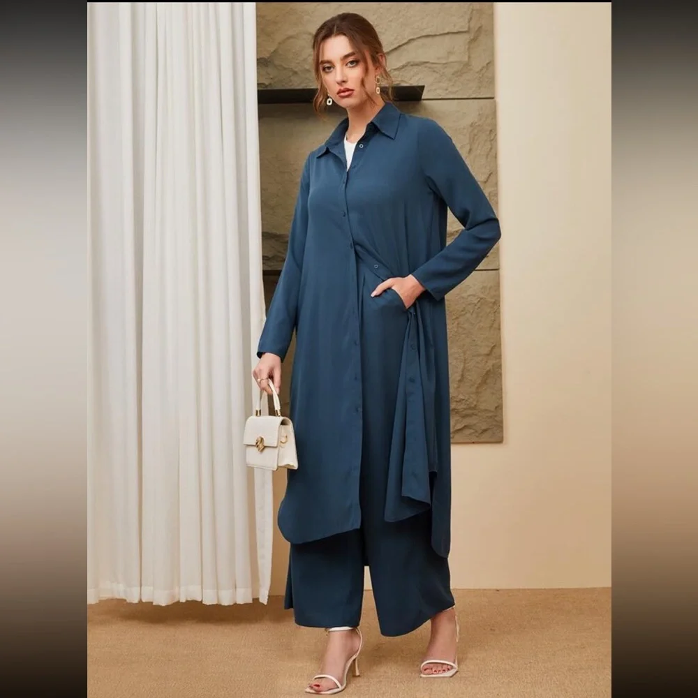 SHEIN Button Front Coat & Wide Leg Pants Set - Picture 2 of 6